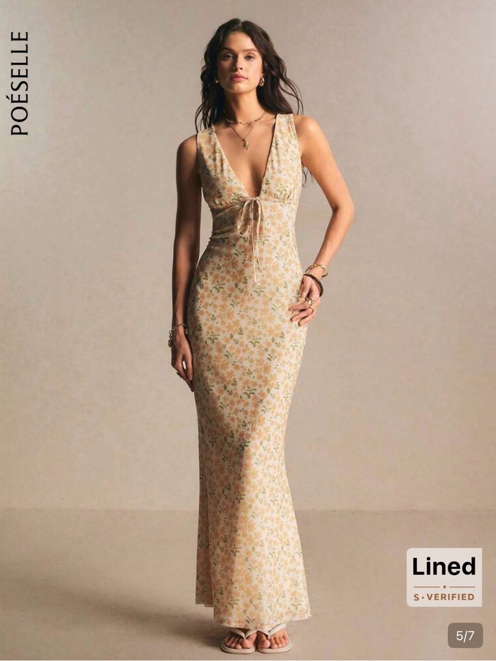 Beige Floral Tie-Front Maxi Dress